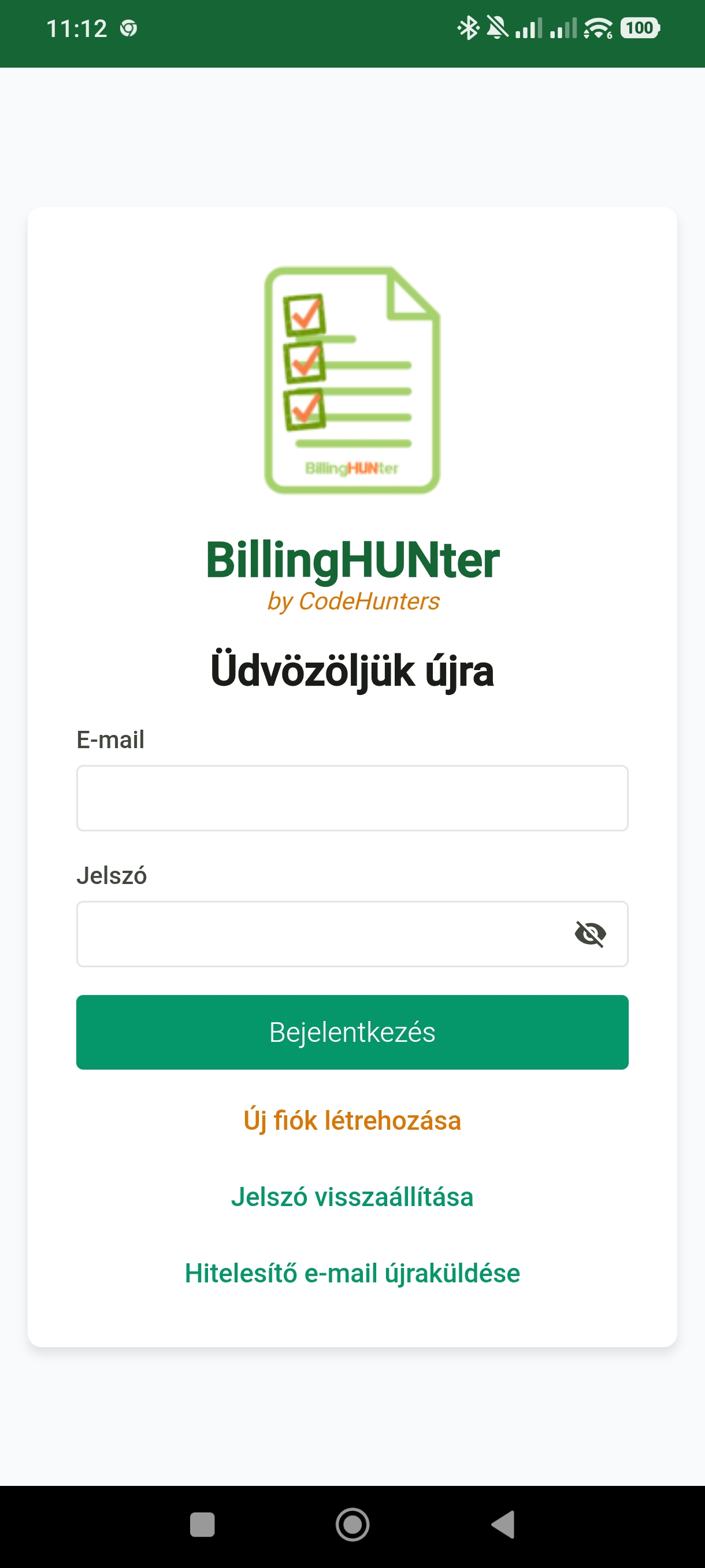 BillingHUNter mobil app — bejelentkezés
