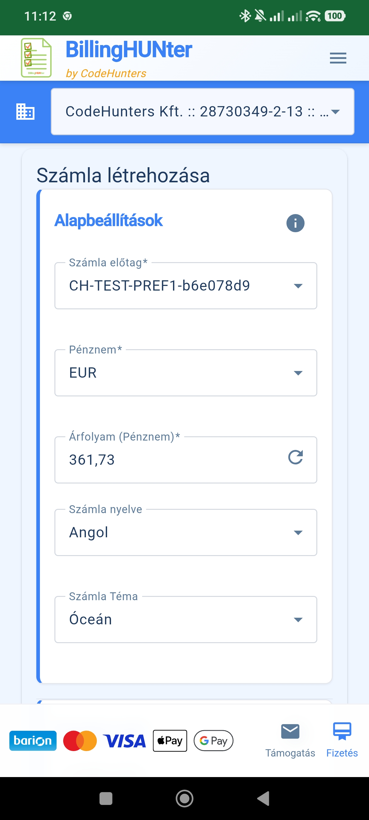 BillingHUNter mobil app — számla képernyő
